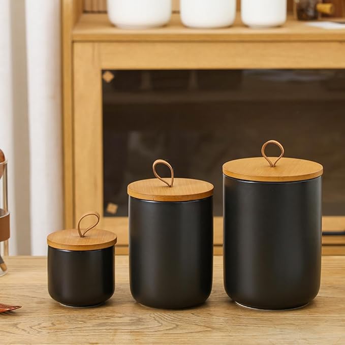 MilkyWay Ceramic Food Storage Jar, Storage Canisters with Airtight Seal Bamboo Lid Modern Design Seal Damp-Proof Kitchen Jar for Coffee, Tea, Spice and More (Black 800ml)