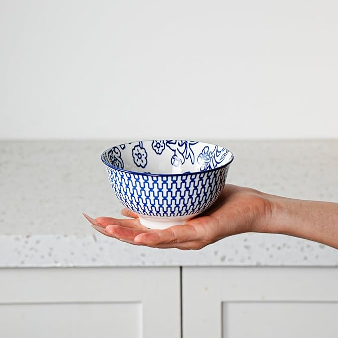 Ceramic Dessert Bowls Set - Small 12 Oz Ice Cream Bowls, 4.75 Inch Cereal Bowls for Snack, Fruit, Dipping Sauce, Side Dishes - Microwave Dishwasher Safe - Set of 6 - Vintage Blue