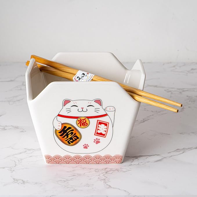 Urban Tokyo Chinese Takeout Box Style Porcelain Bowl With Chopsticks 18 fl oz Square Shape Rice Noodles Pasta To Go Box Shaped Bowl Microwave Dishwasher Safe (Lucky Cat)
