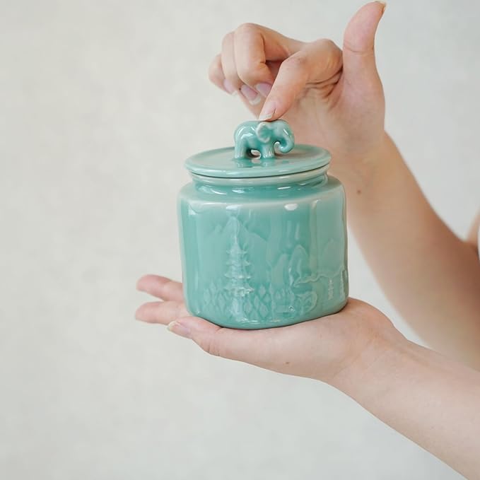 Sage Green Ceramic Storage Jar with Elephant Lid – Handmade Celadon Canister for Tea, Herbs & Spices, Airtight Jar for Kitchen, Feng Shui Gift & Home Décor