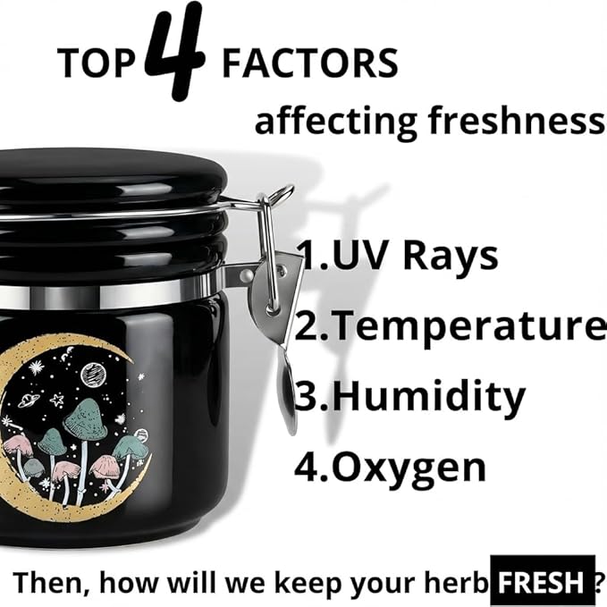 Mushroom Smell Proof Container Half Oz (250ml), Separate Space for Humidity Pack To Keep Herbs Fresh For Months - Cute Girly Stash Jar, Smell Proof Case Airtight Storage Holder Accessories - Black