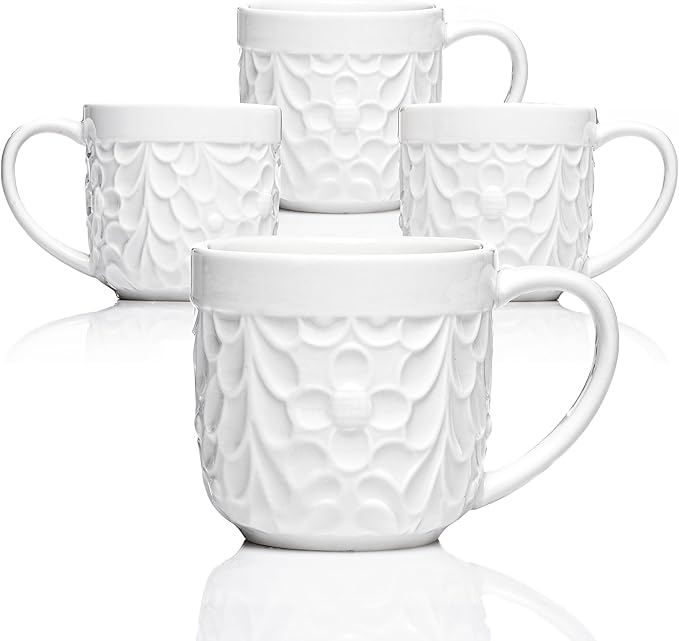25DOL Ceramic Espresso Cups Set of 4 - White Cappuccino Cup with Nature Engravings and Comfort-Grip Handle - Expresso Coffee cups, 3.3 Oz Small Lead-Free Shot Mugs, Safe for Dishwasher, Microwave