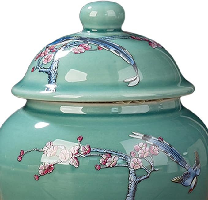 Ceramic Ginger Jar Vase Chinese Crafts Ornaments with Lid Porcelain Jars Asian Ginger Jar for Desktop Living Room Party Home Tea Storage, Plum Blossom Belly
