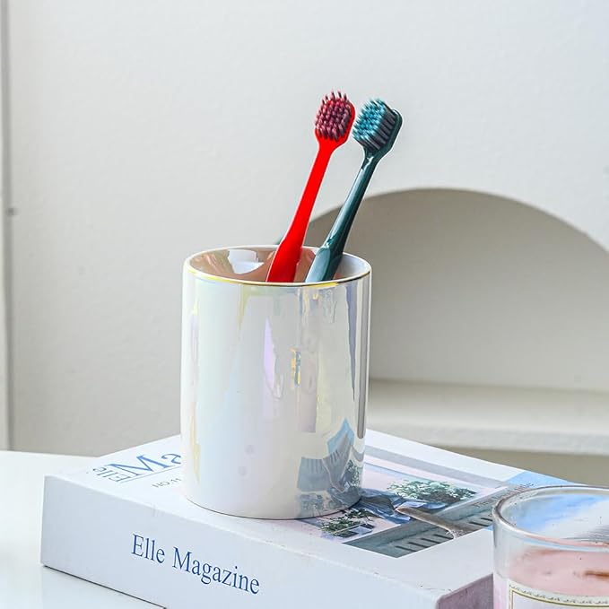 Ceramic Cute Toothbrush Holder Toothpaste Holders, Bathroom Tumbler Cups Reusable,Bathroom Counter Organizer (Pearl)