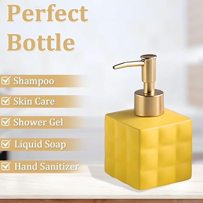 Hand Soap Dispenser Dish Cube Soap Dispenser Countertop 7.44 FL OZ. /220 ML Hand Lotion Pump Bottle Ceramic Lotion Container Liquid Hand Soap Jar Shower Dispenser Kitchen Bathroom Décor (Yellow)