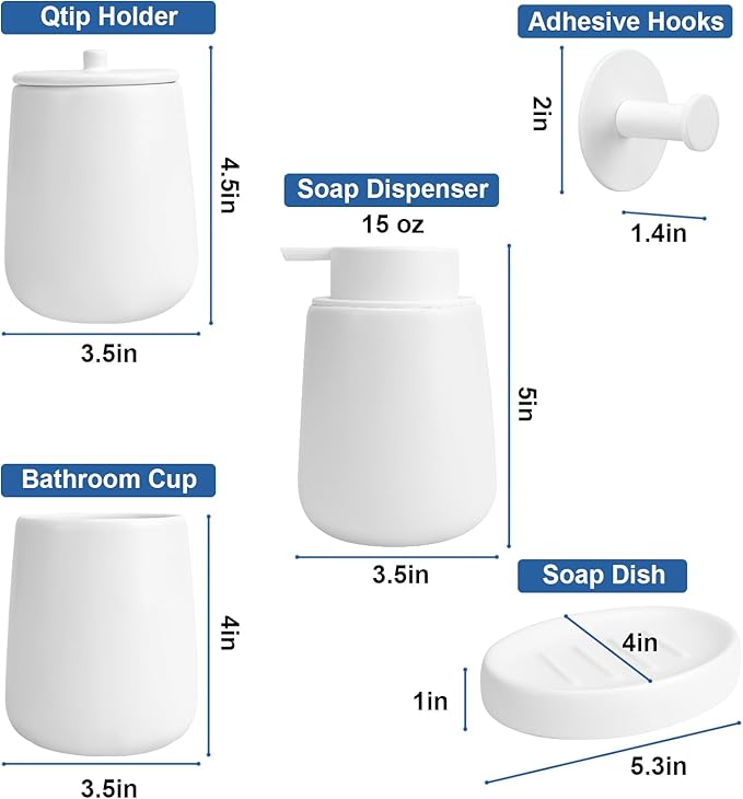 Ceramic Bathroom Accessories Set 6 Pcs, White Bathroom Accessory Set Includes Foaming Soap Dispenser with Rust-Proof Plastic Pump, Bathroom Cup, Qtip Holder, Soap Dish, 2Pcs Adhesive Hooks for Home
