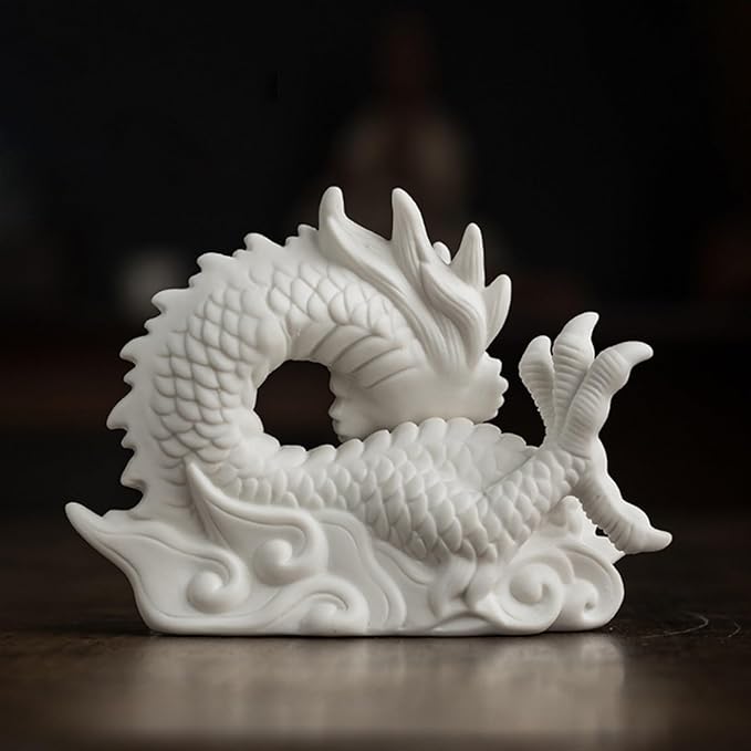 SWLOM Garden Decor Chinese Feng Shui White Dragon Figurine, Asian Patio Decor, Ceramic Oriental Dragon Sculpture Tabletop Ornaments
