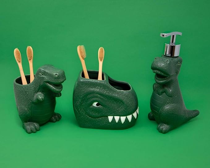 Isaac Jacobs Green Ceramic Dinosaur Cup, Toothbrush Holder, Multi-Purpose Organizer, – Great for Toiletries, Bathroom, Kitchen, Crafts, Desk, Novelty Bathroom Accessory (Single Cup, Green)