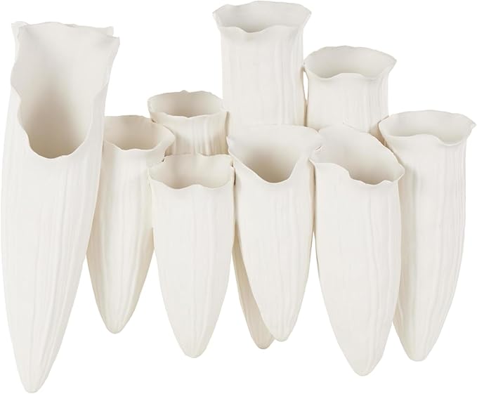 Deco 79 Ceramic Abstract Floral Inspired Vase with Linear Grooves and 10 Openings, 14" x 5" x 11", White