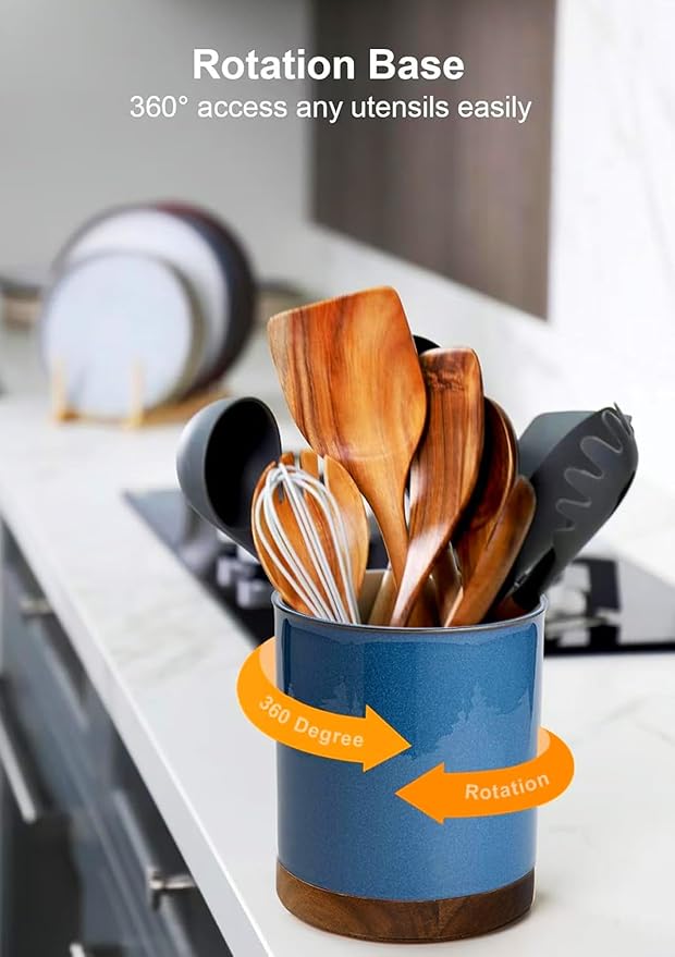 Nucookery 360°Rotating Utensil Holder, 7.2" Kitchen Utensil Crock, Ceramic Cooking Utensil Organizer with Countertop-Protection Cork Bottom for Farmhouse Kitchen Decor Christmas (Royal blue)