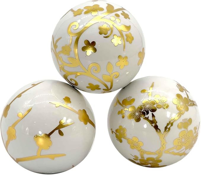 Galt International 4" Diameter Gold & White Floral Chinoiserie Ceramic Ball (Set of 3) | Decorative Ball Vase Bowl Filler