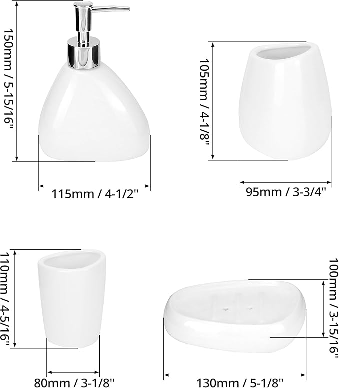 QWORK Elegant White Ceramic Bathroom Accessory Set – Modern Teardrop-Shaped 4-Piece Ensemble – Includes Soap Dispenser, Tumbler, Toothbrush Holder, and Soap Dish for Stylish Home Decor