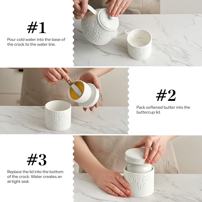 Toptier Butter Crock for Counter With Water Line, On Demand Spreadable Butter, Ceramic Butter Keeper to Leave On Counter, French Butter Dish with Lid (White Leaf)