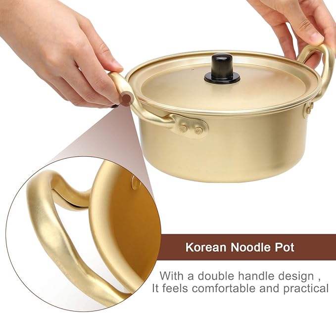Korean Ramen Cooking Pot, AHIER Korean Ramen Noodle Pot With Lid, Spoon and Chopsticks (1pair), Fast Heating for Kitchen Cookware (Double handle) (6.3in)