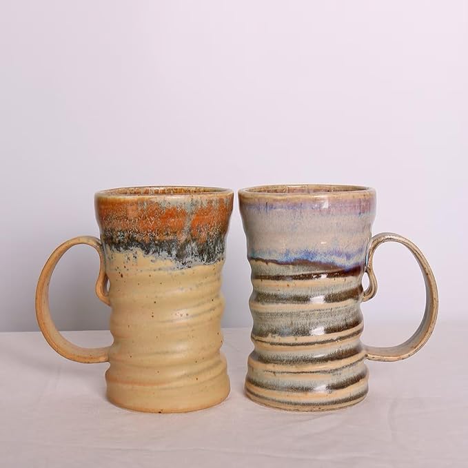 17oz Large Unique Cool Tall Handmade Ceramic Coffee Mug with Comfortable Big handle, Big Pottery Tea Mug, Artisanal Stoneware Coffee cup, Rustic Lead-free Tea Cups, Microwave safe,Biege and Brown