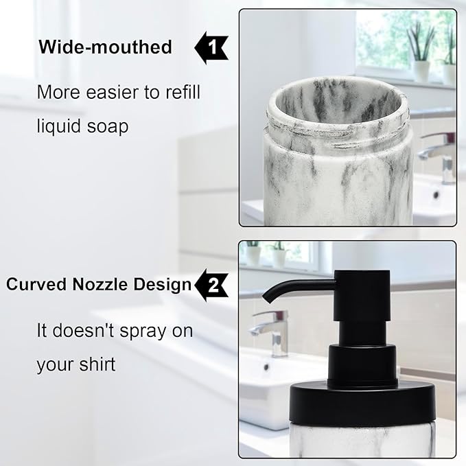 2-Pack White Marble Style Resin Soap Dispenser Set for Bathroom Countertop&Kitchen Sink Decor, Large-Openning Liquid Bottles with Matte Black Pumps Easy Refil-10 oz,Elegant and Solid Design