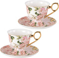 KAMMAK Tea Cups and Saucers Set of 2, Fine Bone China Coffee Cups, Stackable Espresso Mugs, Ceramic Demitasse for Coffee, Cappuccino, Latte, Americano, Tea, Wild Rose