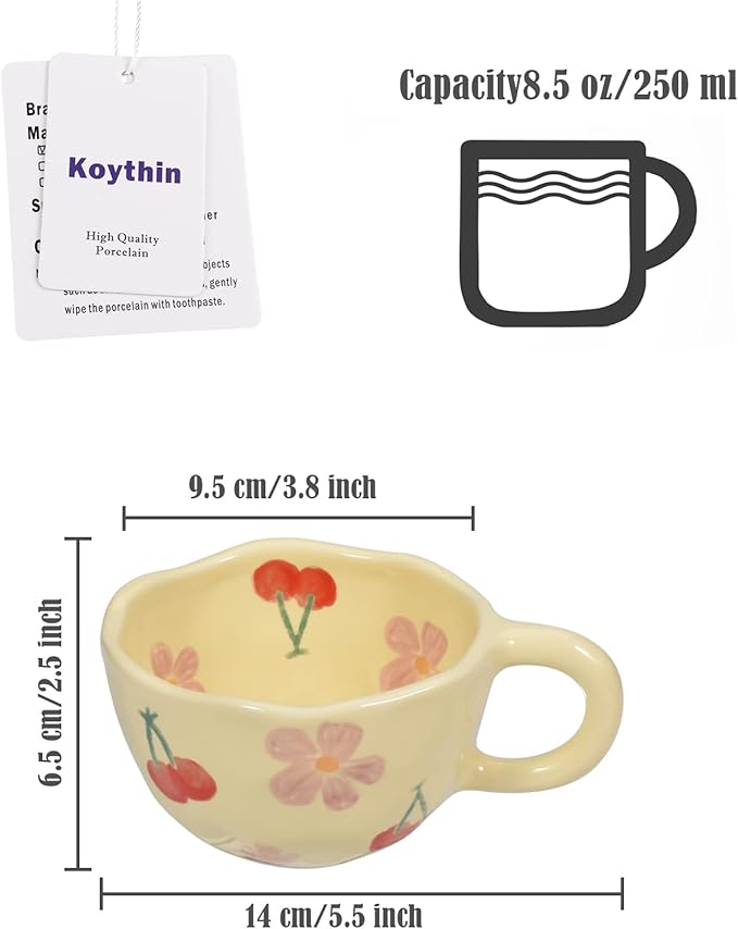 Koythin 2-Pieces Ceramic Coffee Mugs, Creative Cute Flower Cup for Office and Home, 8.5 oz/250 ml Aesthetic Mug for Latte Tea Milk (2 Pink Cherrys)