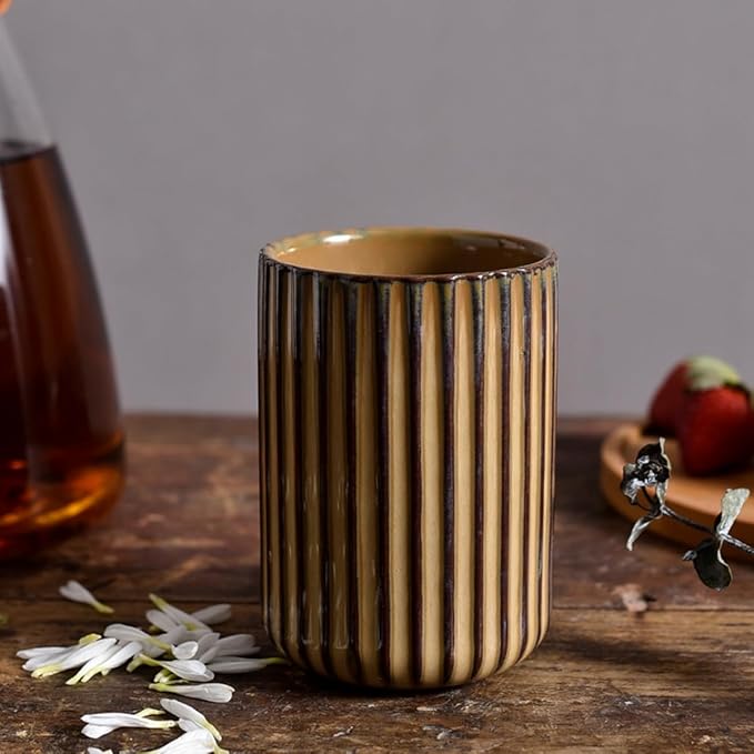 Stoneware Coffee Bar Utensil Holder Tea & Coffee Spoon & Stirrer Holder for Stir Stick Straw Teaspoon Holder Spoon Cup Small Utensil Jar Fluted Vertical Stripe (Rustic Brown)