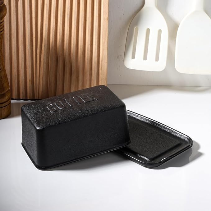 Porcelain Covered Butter Dish with Lid for Countertop Butter Holder Container for One Stick of Butter. Textured Tray Butter Keeper for Non Slip Storage-BLACK BIG