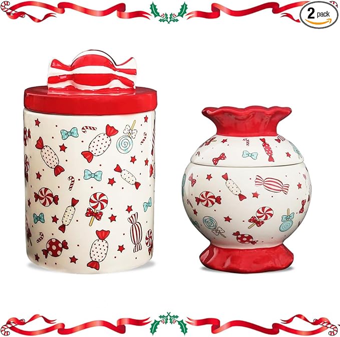 Christmas Cookie Jar with Lid, 2 Pcs Ceramic Candy Jar Canister, Ceramic Storage Jar Container, Decorative Xmas Cookie Container for Holiday Kitchen Counter Displays, Treats, and Gifts (L and M)
