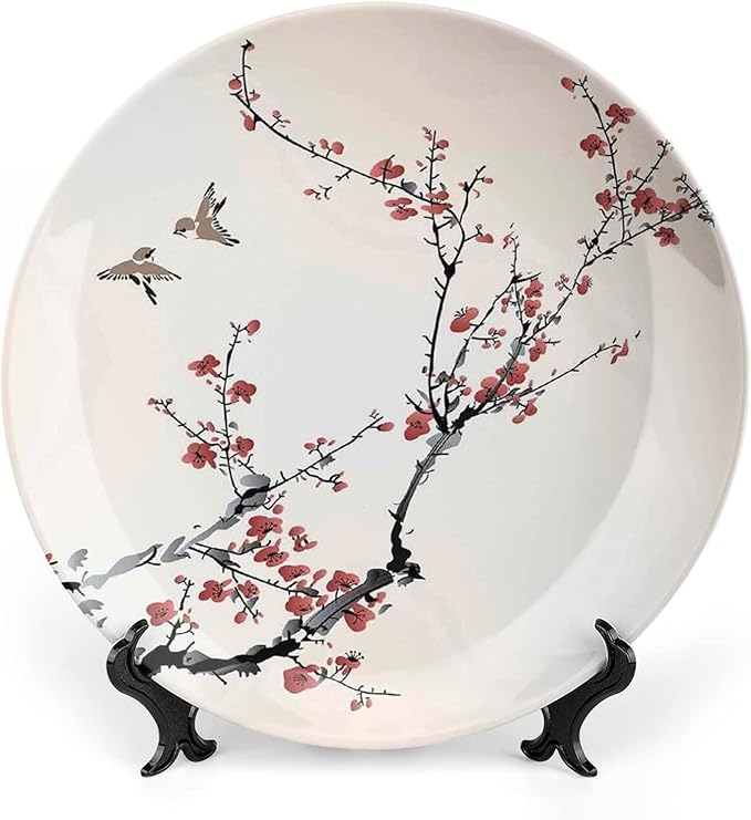 10 Inch Decorative Plate,Japanese Decor Ceramic Craft, Cherry Branches Flowers Buds and Birds Asian Print Ornament Display Plate for Dining Table Setting, Wedding Decorations, Christmas Tablescape
