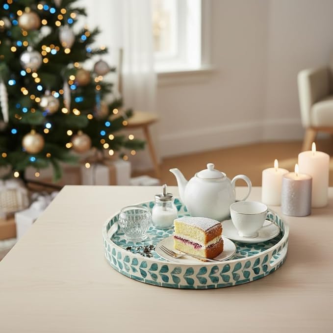 PEMAR 12.6” Mother of Pearl Round Serving Tray with Handles, Decorative Nacred Wooden Ottoman Coffee Table Tray (Teal Floral Pattern)