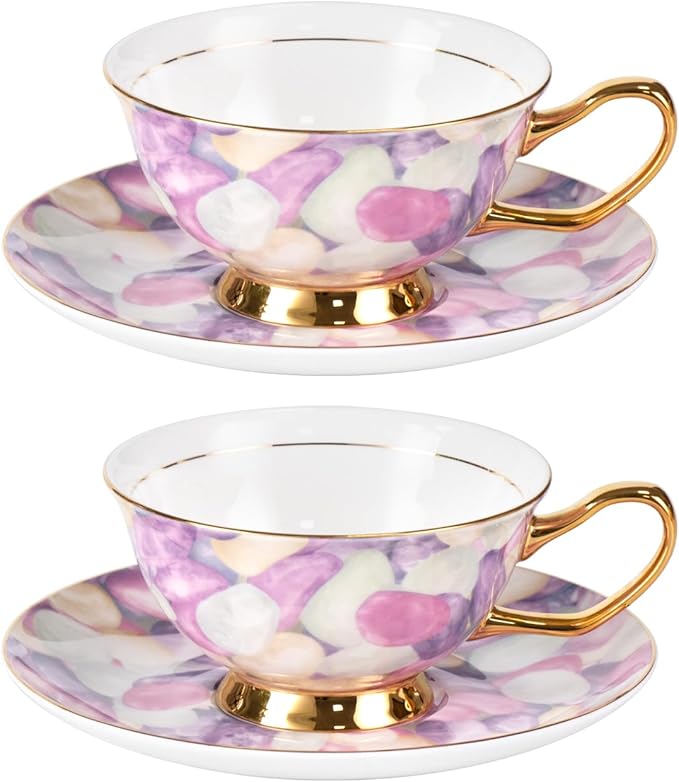 KAMMAK Tea Cups and Saucers Set of 2, Fine Bone China Coffee Cups, Stackable Espresso Mugs, Ceramic Demitasse for Coffee, Cappuccino, Latte, Americano, Tea, Pebble