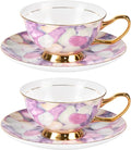 KAMMAK Tea Cups and Saucers Set of 2, Fine Bone China Coffee Cups, Stackable Espresso Mugs, Ceramic Demitasse for Coffee, Cappuccino, Latte, Americano, Tea, Pebble
