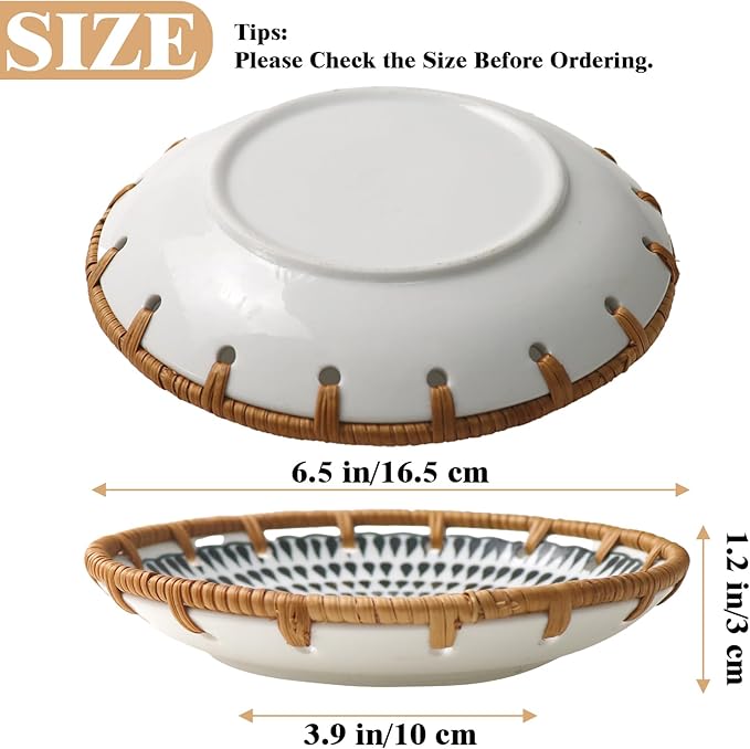 Round Rattan Ceramic Tray, Wicker Fruit/Bread/Cookie/Jewelry Small Storage Porcelain Serving Plate, Vintage Decorative Display Plate for Coffee Table Home Decor Wedding Party Gift （Black Waterdrop）
