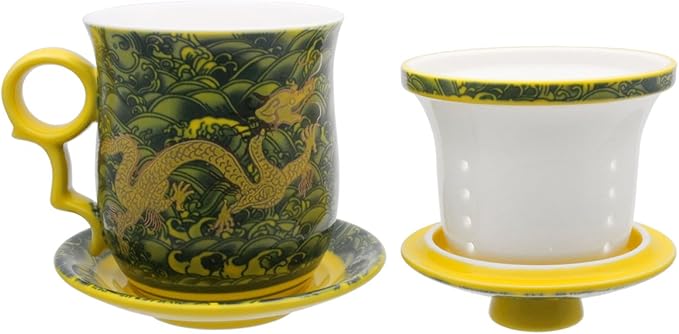 Porcelain Tea Cup with Infuser Lid and Saucer Sets - Chinese Jingdezhen Ceramics Coffee Mug Teacup Loose Leaf Tea Brewing System for Home Office