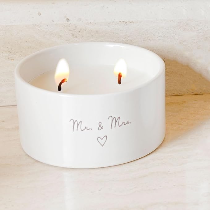 Pavilion Gift Company - Mr & Mrs - 10 oz Soy Wax Ceramic Vessel Candle Housewarming Apartment-Warming Engagement Groom Bride Newlywed Husband Wife Wedding Day Gift Present Neutral Home Decor