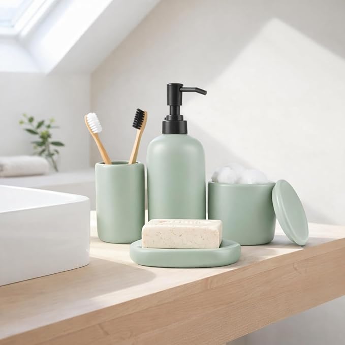 Ceramic Bathroom Accessories Set 4 Pcs – Modern Scandinavian Neutral Bathroom Soap Dispenser Set with Toothbrush Holder, Soap Dish & Cup – Minimalist Bathroom Accessory Set Decor - Sage Green