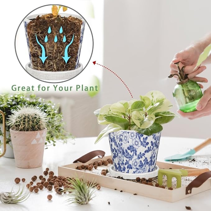 Ceramic Pot for Plants 5.5 inch Blue and White Pot for Plants Small Chinoiserie Planter Pots with Drainage Hole and Saucers Outdoor Inoor Blue Flower Pots for Succulent, Cactus, Snake Plant, Herb