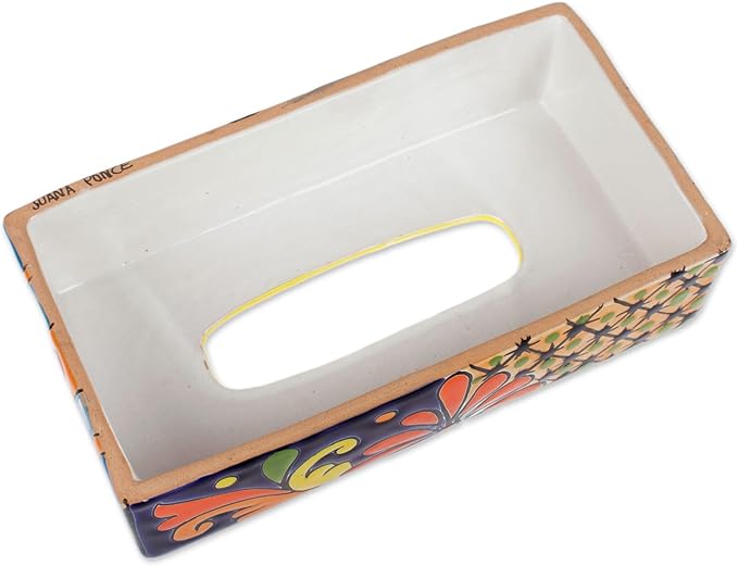 NOVICA Artisan Crafted Ceramic Tissue Box | Talaverastyle Cover Floral | Multicolor Decor Accessories | Vanity Folk Art | Floral Motifs | Mexico ' Hacienda Convenience' 2.8" H x 11" W x 5.75" D