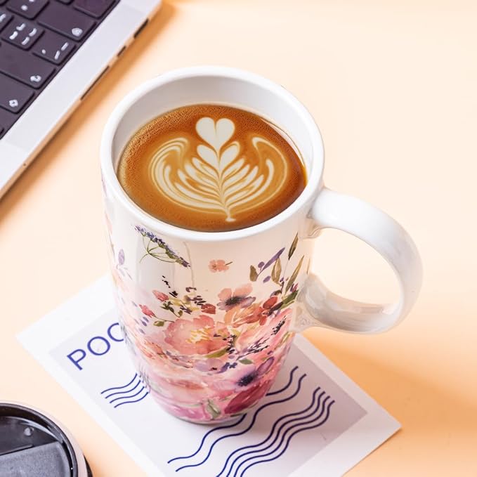 Topadorn Ceramic Travel Mugs Porcelain Latte Tea Cup Coffee Mug with Gift Box, 17oz. Pink Garden
