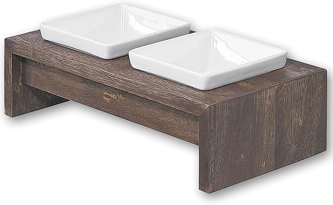 Bowsers Artisan Diner Double Dog Feeder - Handcrafted Rubberwood Frame with Square Ceramic Bowls Feeder for Dogs - Walnut, Small, 15" x 7" x 4"