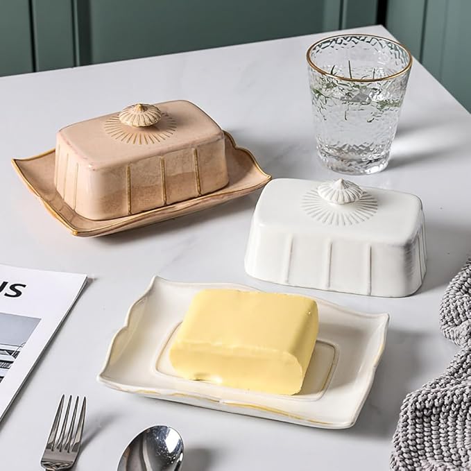 WAIT FLY Vintage Ceramic Butter Dish with Lid for Kitchen Countertop, Home Decorative-White-1 PCS