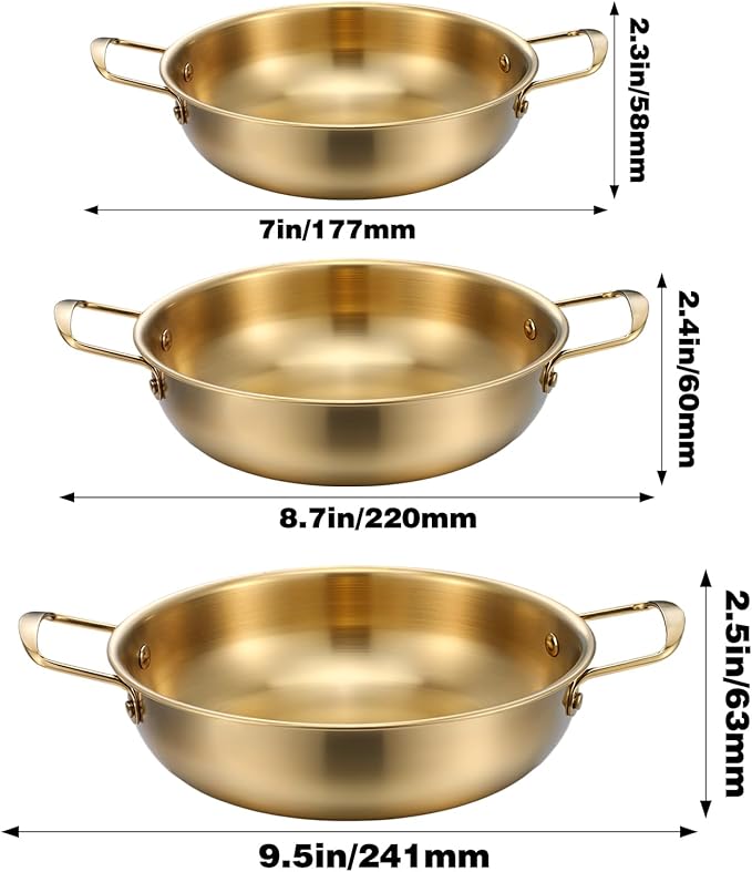 3 Pcs Korean Ramen Noodle Pot with Handles, Stainless Steel Everyday Pan, Golden Korean Cooking Pot for Soup, Noodle, Pasta, Home and Outdoor, Dishwasher Safe, Size 7", 8.7", 9.5"