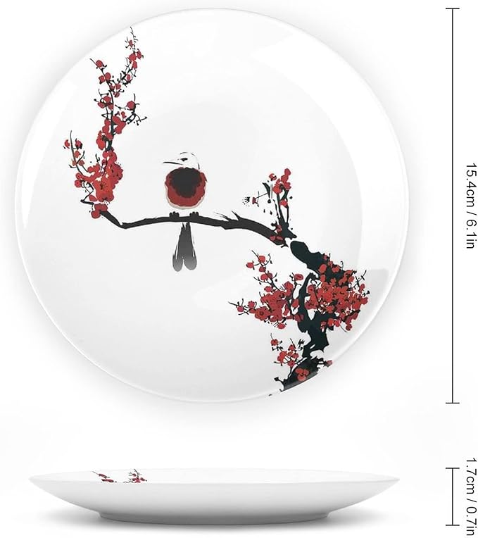 XISUNYA 8 Inch Decorative Plate, Janpese Decor Ceramic Stoneware, Bird on Cherry Tree Summertime Classic Asian Print Ceramic Wall Hanging for Home Office Party Dinner Table Decor