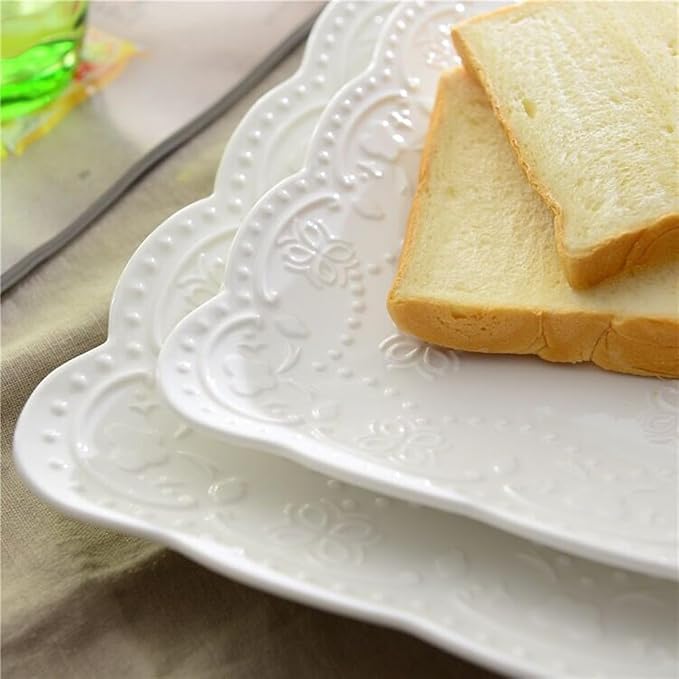 Eplze YBK Tech Elegant Square Embossed Lace Plate Bone China Dessert Plate Ceramic Plate for Breakfast Afternoon Tea (White, 10-inch)