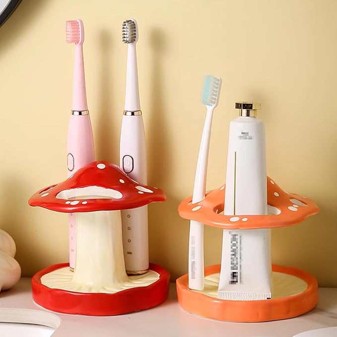 Gaolinci Cartoon Mushroom Ceramic Toothbrush Holder, Bathroom Toothbrush and Toothpaste Storage Decoration