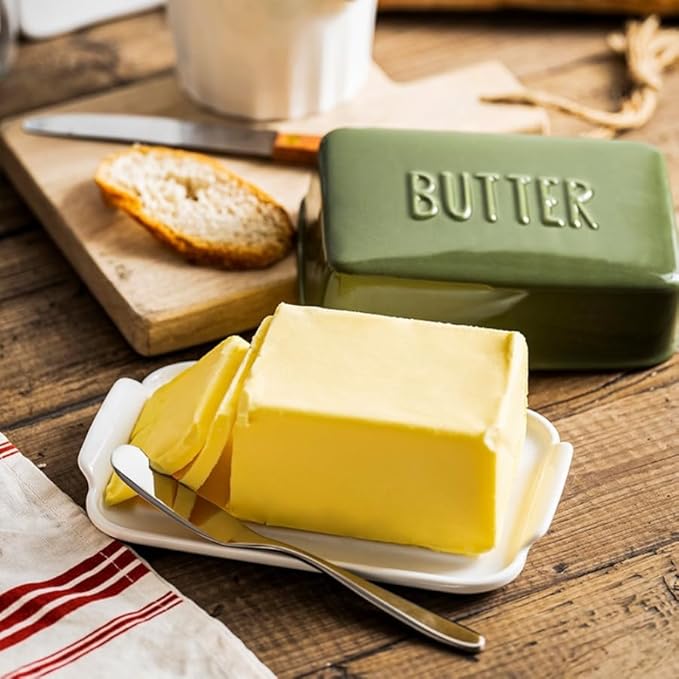 Porcelain Covered Butter Dish with Lid for Countertop Butter Holder Container for One Stick of Butter. Textured Tray Butter Keeper for Non Slip Storage-GREEN BIG