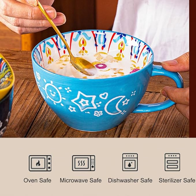Bohemian Hand-Painted Ceramic Mug, 15 Oz Large Coffee Cup for Milk, Tea, and Breakfast, Dishwasher & Microwave Safe Artisan Cup, Baby Blue