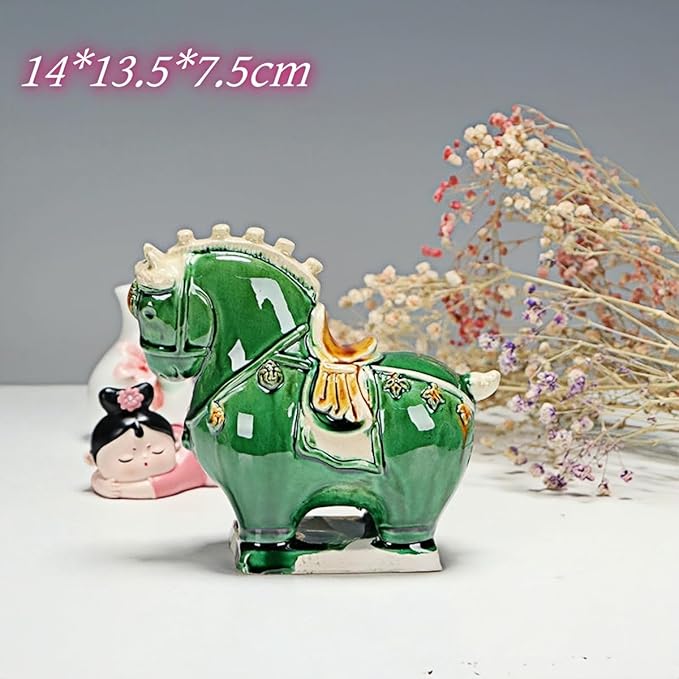 Retro Sculpture Ceramic Horse Sculpture Desktop Ornament Asian Feng Shui Art Collectible Green