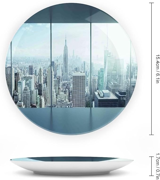 XISUNYA 6 Inch Decorative Plate, House Decor Ceramic Plate, View Modern City from Office New York Urban Life Theme Print Ceramic Wall Hanging for Home & Office Wall Hanging Decor