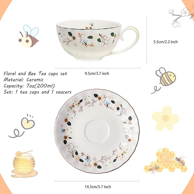 BigNoseDeer Gifts for Women Porcelain Tea cups and Saucers,Art Latte Cup, Cappuccino Cup,Cute Ceramic Coffee Mug Christmas Gifts(7oz)