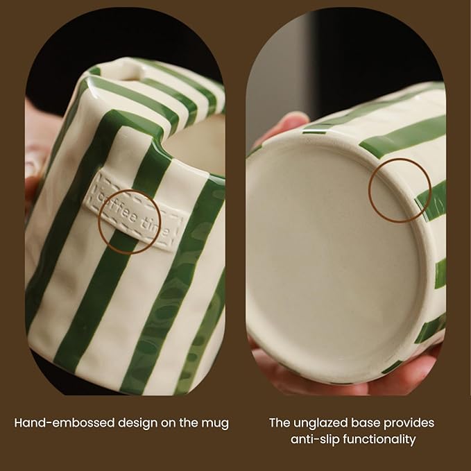 Coffee Mug Espresso Cup 10oz Ceramic Coffee Mugs Porcelain Coffee Cup Hand-Painted Striped Art Multiple Use for Kitchen, Dining-Green