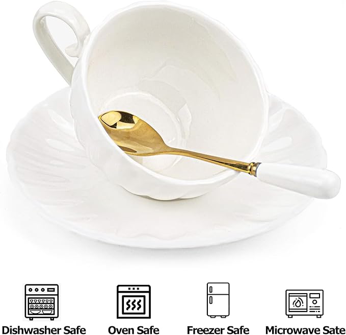 Yesland Set of 6 Royal Tea Cups and Saucers, 6 oz White Porcelain Tea Set & British Coffee Cups, White Latte Cups and Espresso Mug for Specialty Coffee Drinks, Latte, Cafe Mocha, Tea
