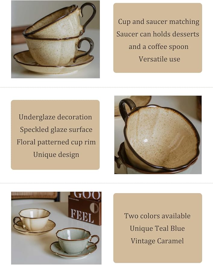 Ceramic Coffee Cup and Saucer Set – 10oz Caramel Kiln-Glazed Ceramic Teacup with Saucer, Vintage Handmade Pottery Mug for Coffee, Tea, or Latte